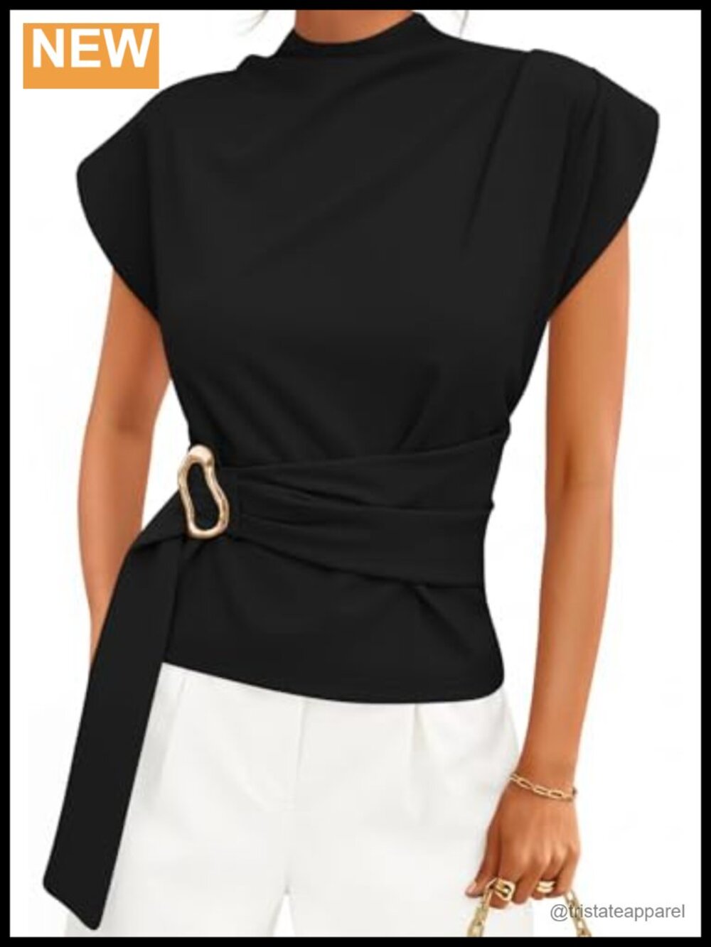 Womens Mock Neck Cap Sleeve Blouse with Back Zip and Belt - Business Casual